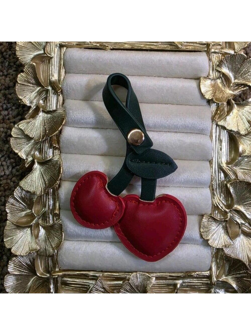 Cherry Charm Accessory Red Green Strap Button Accent Solid Pattern Women 1 Piece